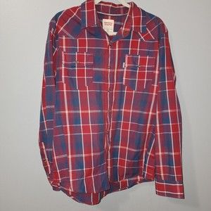 Levi Medium Modern  Western Wear Plaid Flannel Long Sleeve Shirt Snap Down